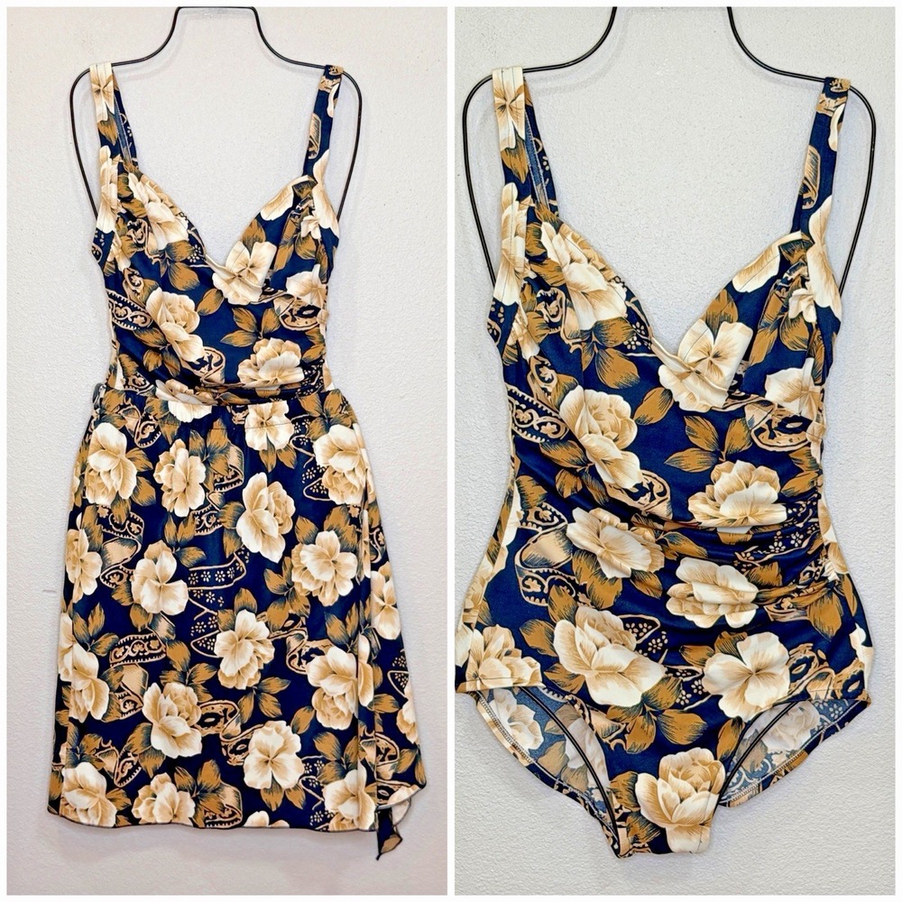 Vintage Elizabeth Stewart Wrap One Piece Swimsuit Size 10 Blue Floral w/ Skirt